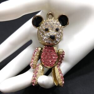 Large Pink Clear Rhinestone Articulated Bear Pendant, Black Enamel Ears, Vintage